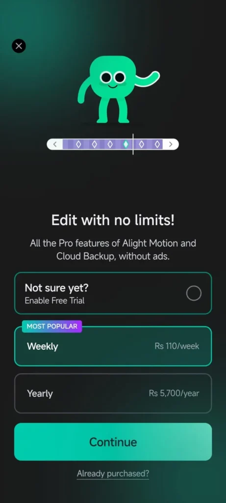 Alight Motion Mod APK v 5.0.281 Premium Unlocked (Without Watermark) 10 Alight Motion Pro subscription screen showing weekly and yearly pricing plans
