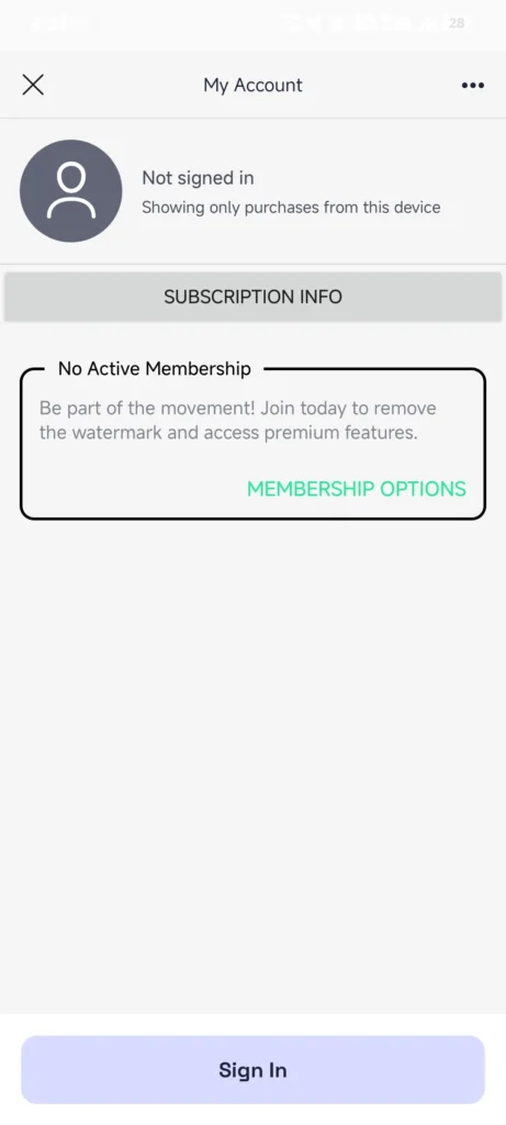 Alight Motion Mod APK v 5.0.281 Premium Unlocked (Without Watermark) 9 Alight Motion account screen showing membership status and sign-in option