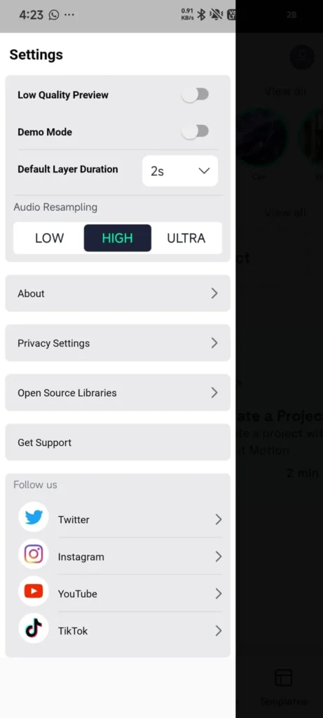 Alight Motion Mod APK v 5.0.281 Premium Unlocked (Without Watermark) 11 Alight Motion settings screen loading transition