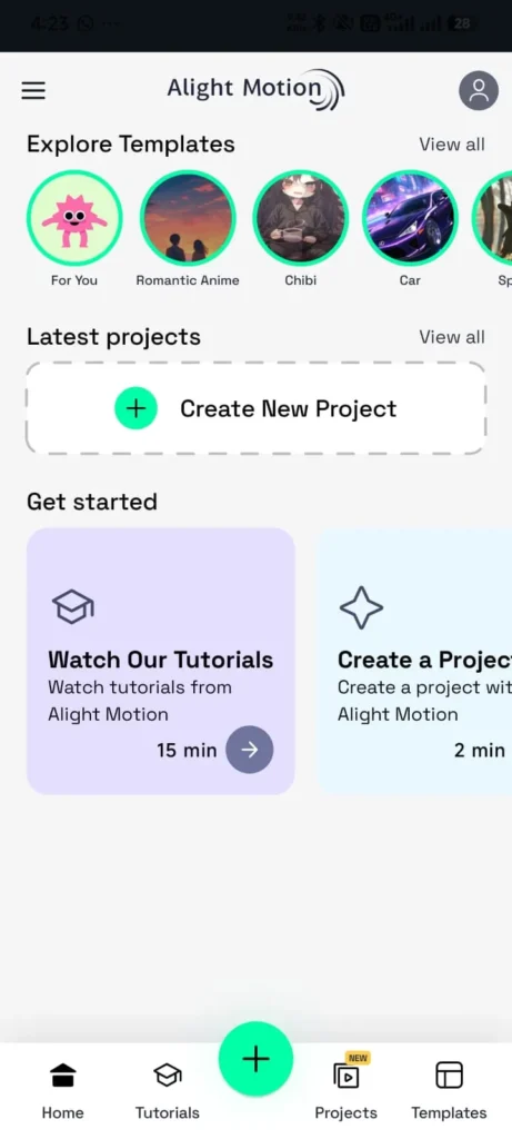 Alight Motion Mod APK v 5.0.281 Premium Unlocked (Without Watermark) 2 Alight Motion home screen showing template suggestions, latest projects, and getting started guides