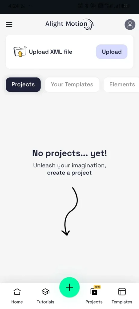 Alight Motion Mod APK v 5.0.281 Premium Unlocked (Without Watermark) 8 Alight Motion Mod APK empty projects screen prompting users to create their first project