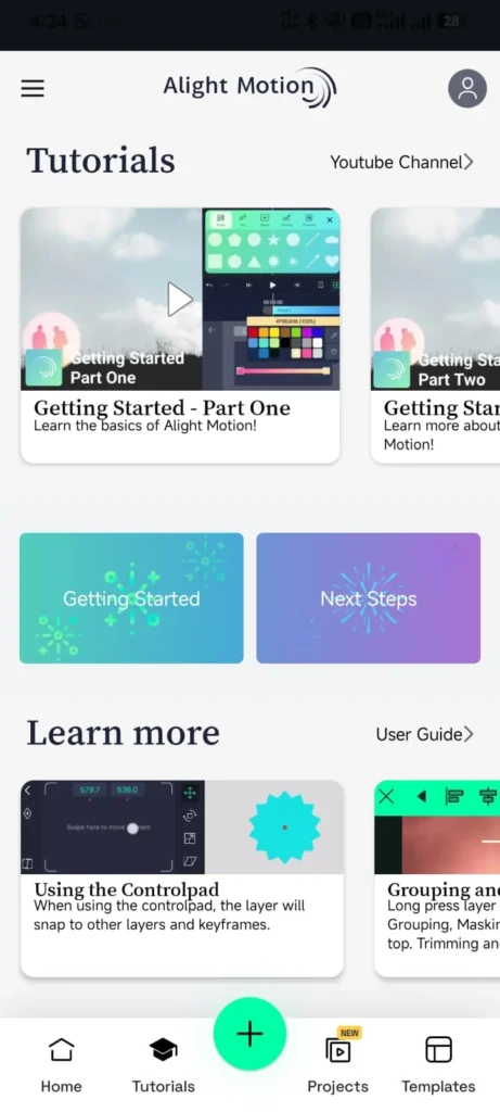 Alight Motion Mod APK v 5.0.281 Premium Unlocked (Without Watermark) 7 Alight Motion tutorials tab with Getting Started Part One and Part Two video guides