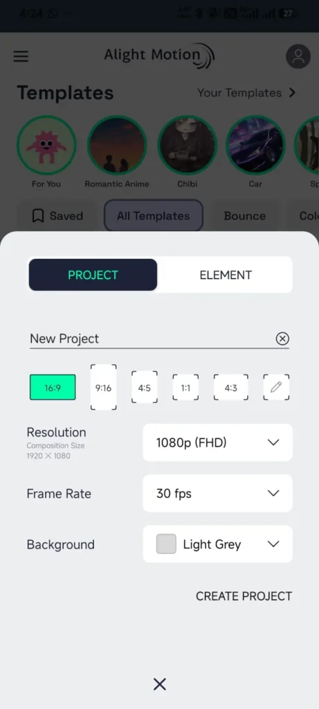 Alight Motion Mod APK v 5.0.281 Premium Unlocked (Without Watermark) 4 Creating a new project in Alight Motion Mod APK with aspect ratio, resolution, and frame rate options