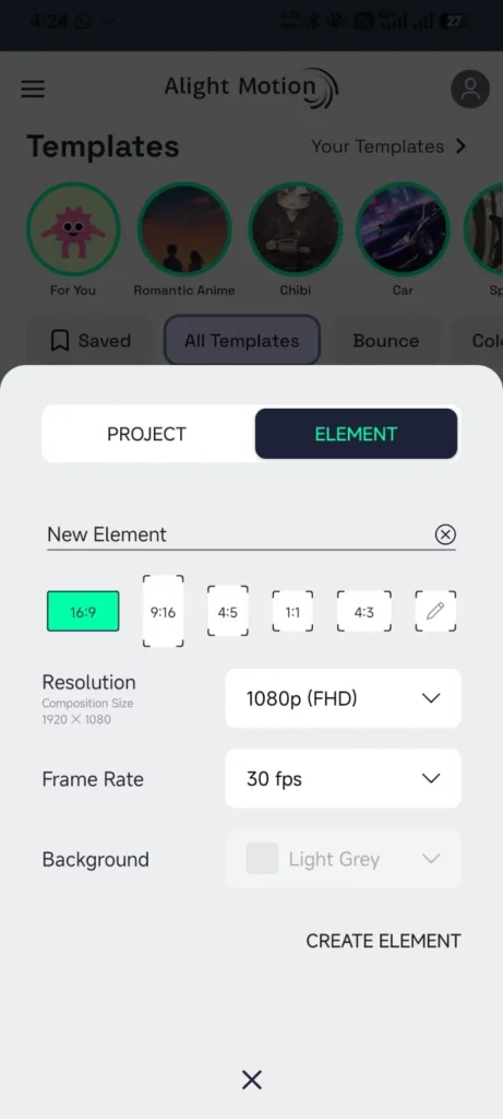 Alight Motion Mod APK v 5.0.281 Premium Unlocked (Without Watermark) 5 Creating a new element in Alight Motion with custom aspect ratio and resolution settings