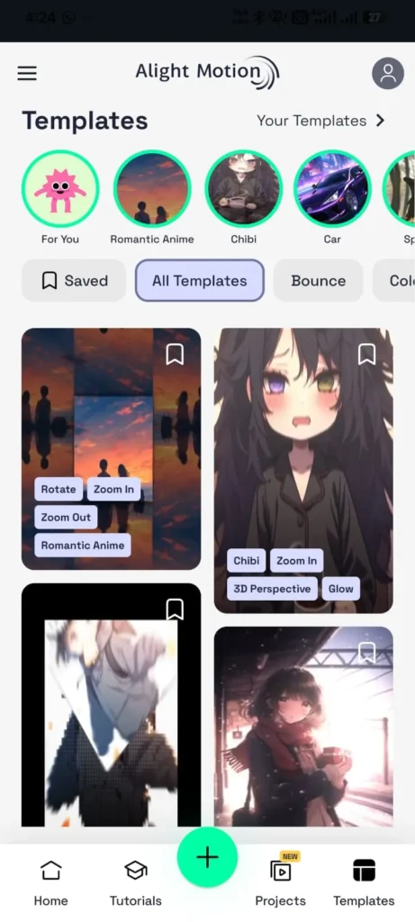 Alight Motion Mod APK v 5.0.281 Premium Unlocked (Without Watermark) 3 Alight Motion templates screen displaying trending Anime and Chibi video templates